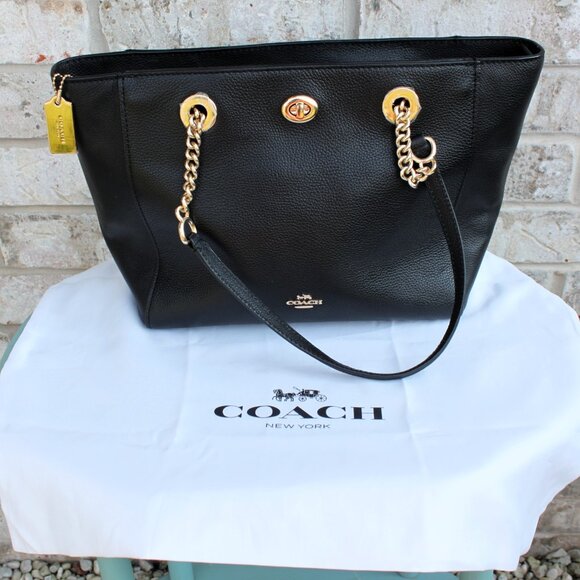 Coach Handbags - Coach Turnlock Chain Toto 27 Pebbled Black Gold Chain Dust Bag NWOT Authentic